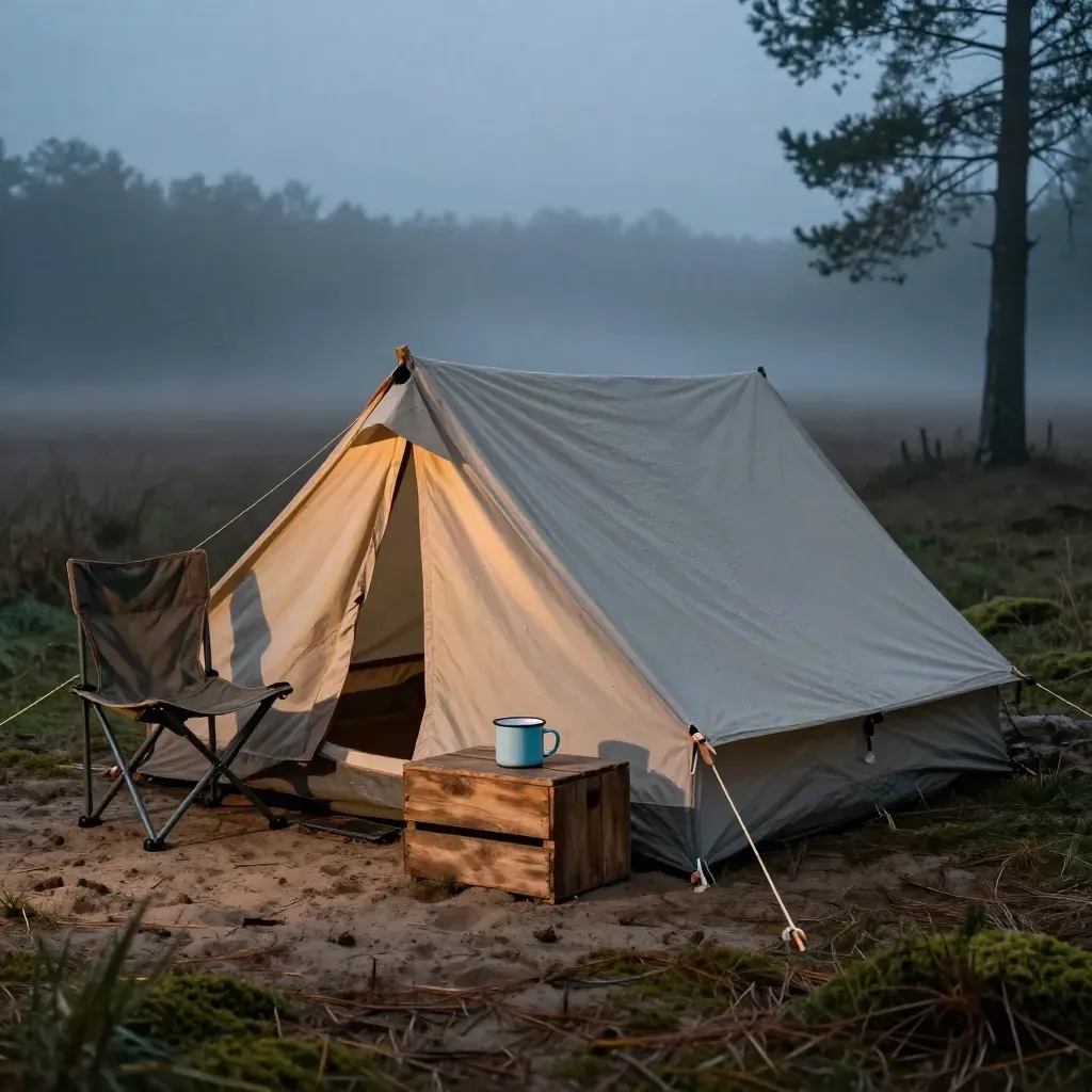 Kleine canvas tent op stille Drentse camping in blauwe schemer met mist, stoel, krat en mok.
