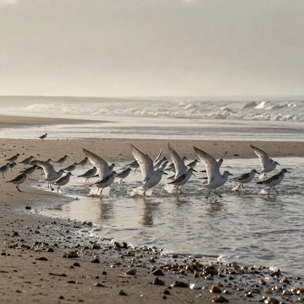 Strandlopers en meeuwen vliegen op boven een ondiepe getijdengeul bij de kust