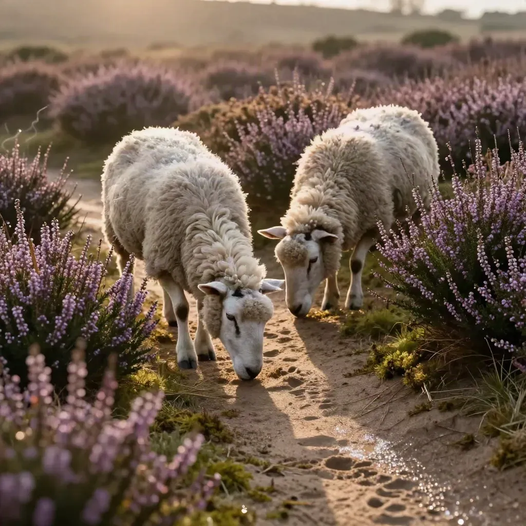 Dauw op de heide met bloeiende dopheide, een nat zandpad en grazende schapen