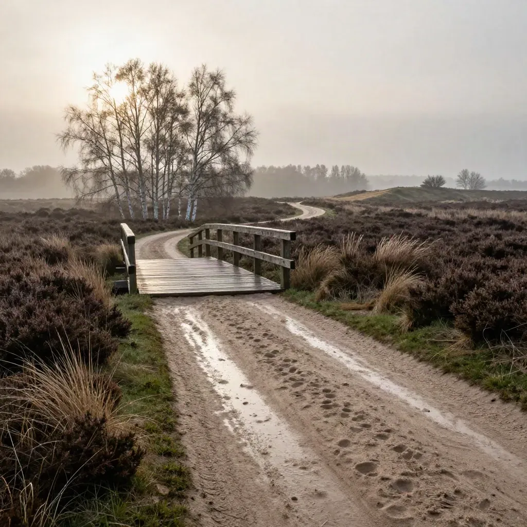 Zandpad over natte heide met houten brug, berken en mist bij zonsopkomst.