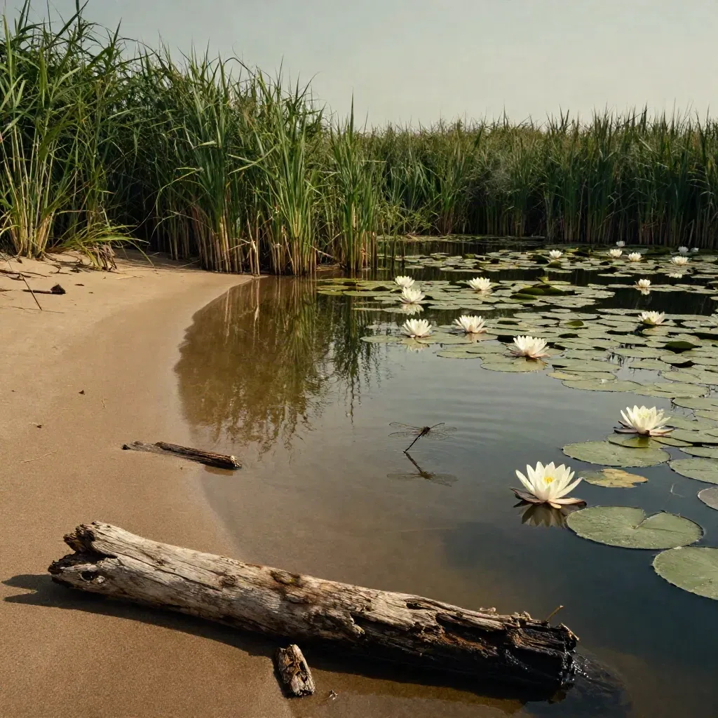 Zomerlicht over een ven met waterlelies, zandige oever, riet en een libel boven het water.