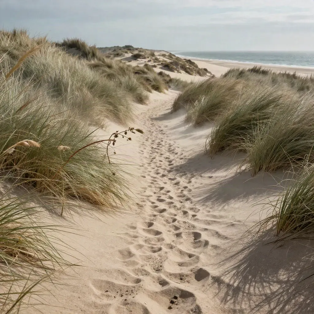 Laag duinpad met helmgras, zandvlagen en een glimp van zee in harde wind.