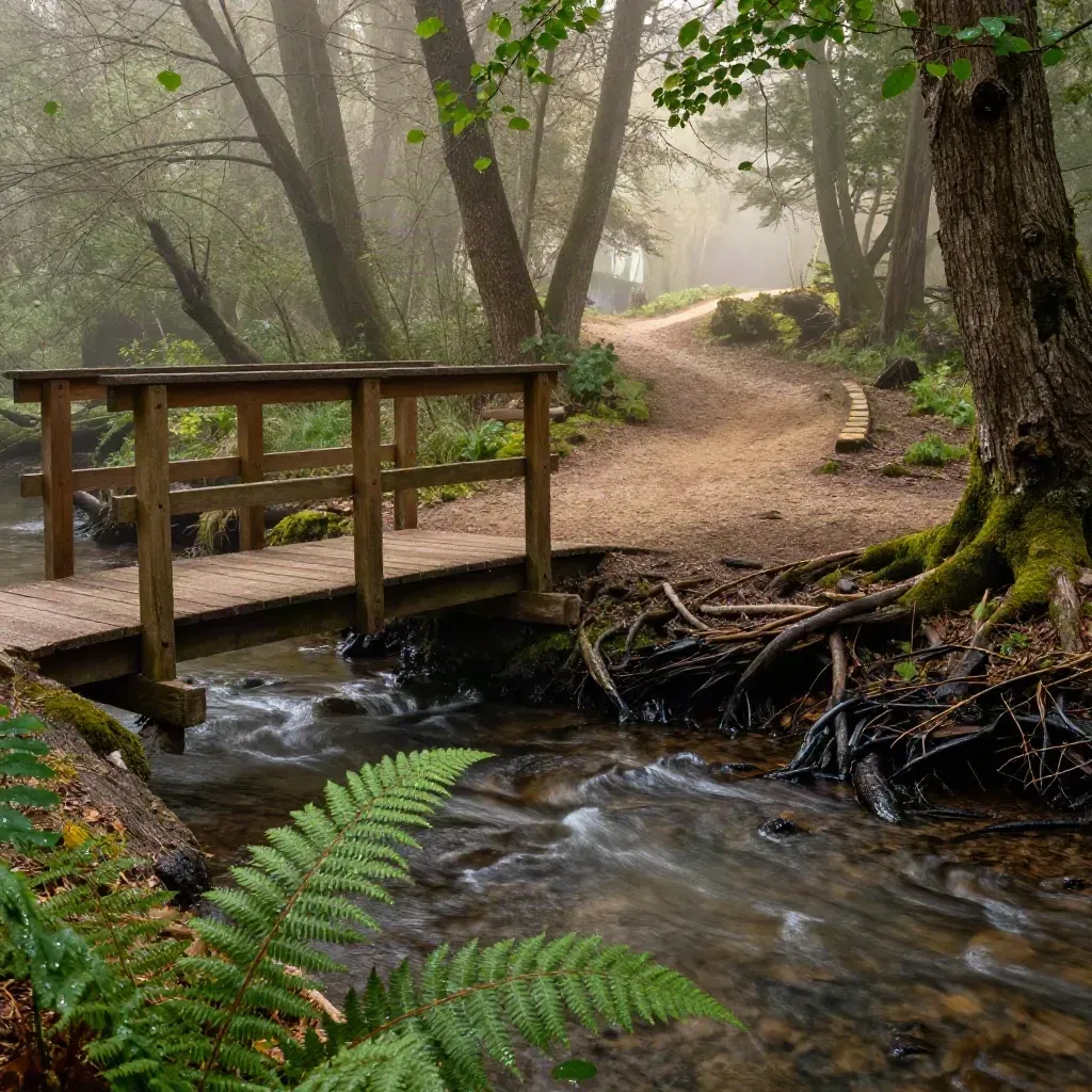 Bosbeek bij Het Leesten met houten bruggetje en natte stammen in mist