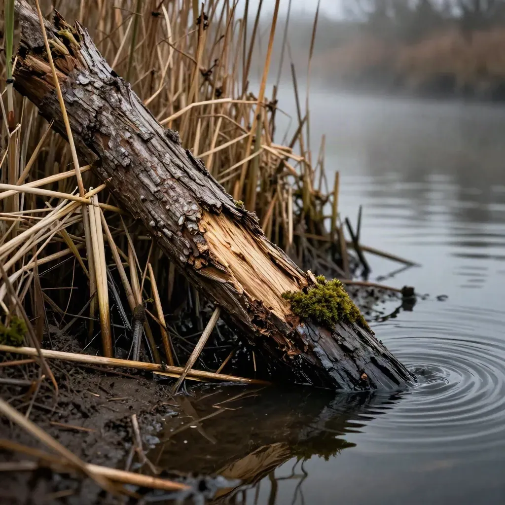 Rietkraag in de Biesbosch met beverstam, drijvende takken en mistig laag water.