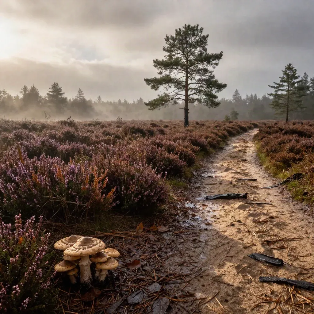 Natte heidezoom op de Veluwe met paddenstoelen, zandpad, grove den en mist na regen.