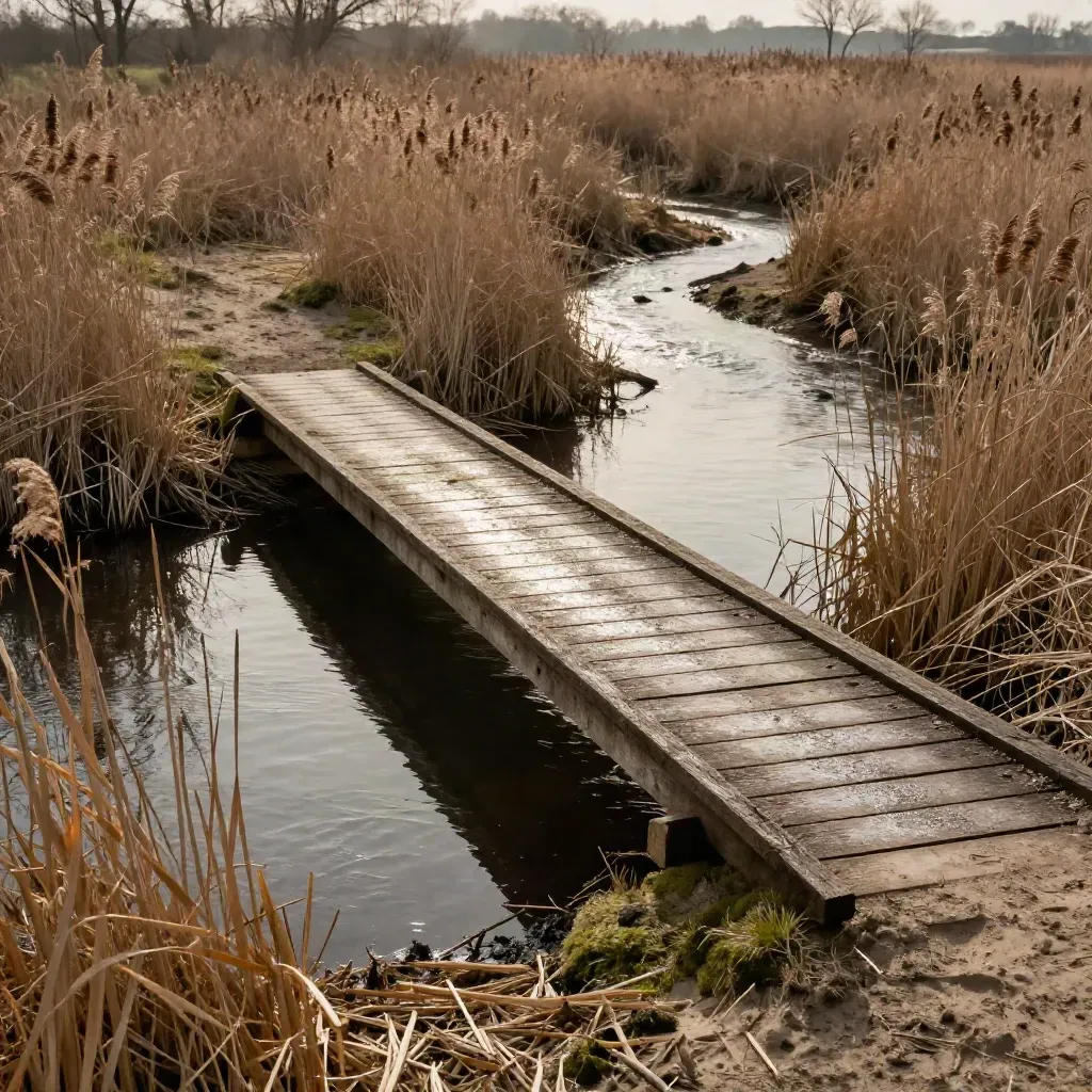 Smalle houten brug over kronkelende beek met riet en spiegelend water in koele mist.