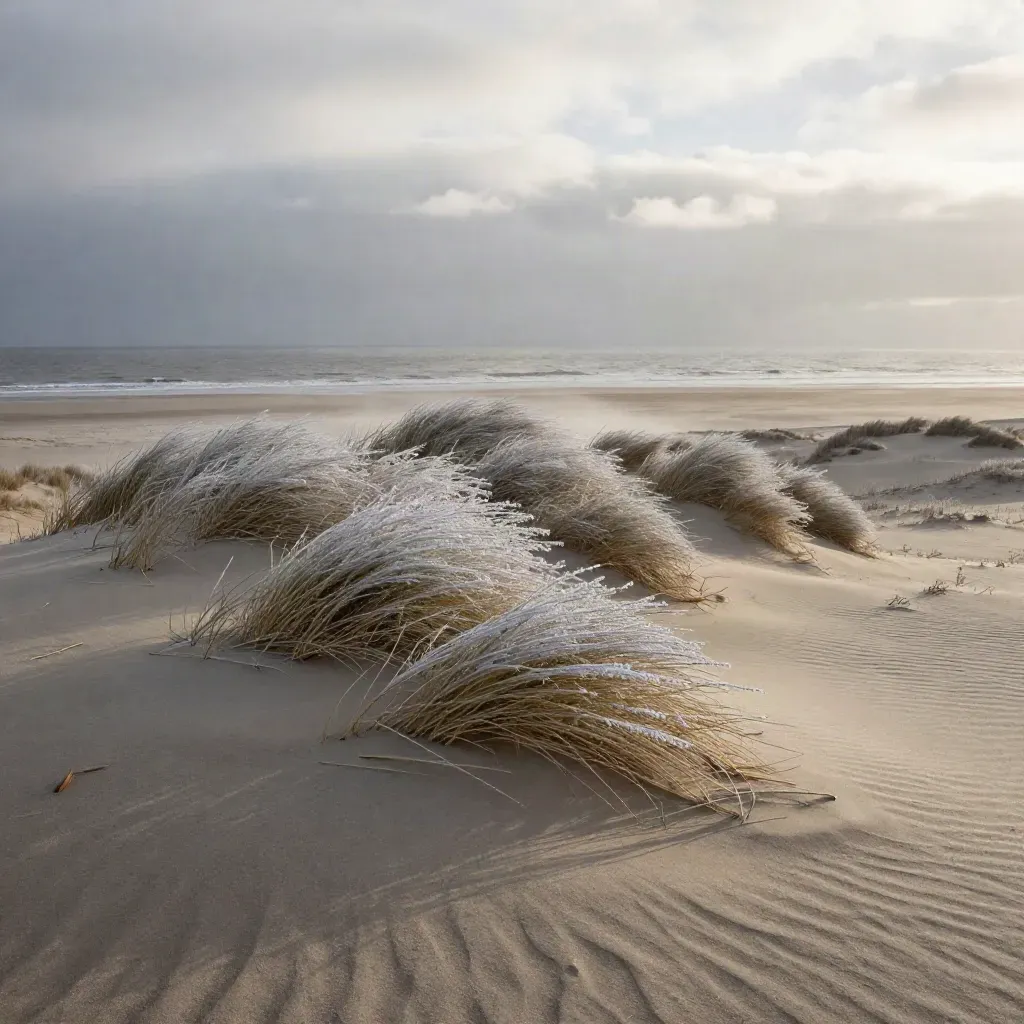 Bevroren duinrand met stuivend gras en grijze zee onder lage winterwolken