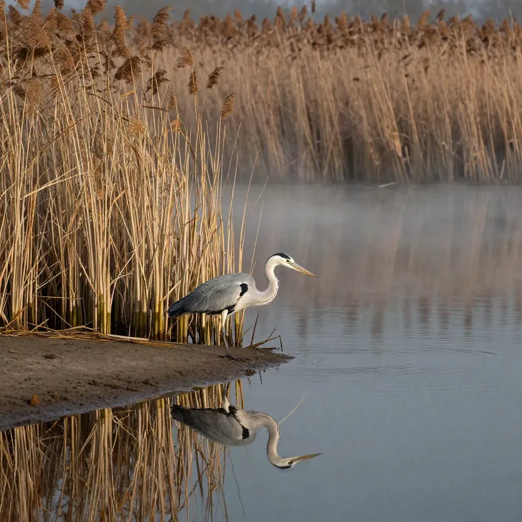 Reiger landt in ondiep meerwater tussen riet, met mist en brekende spiegeling