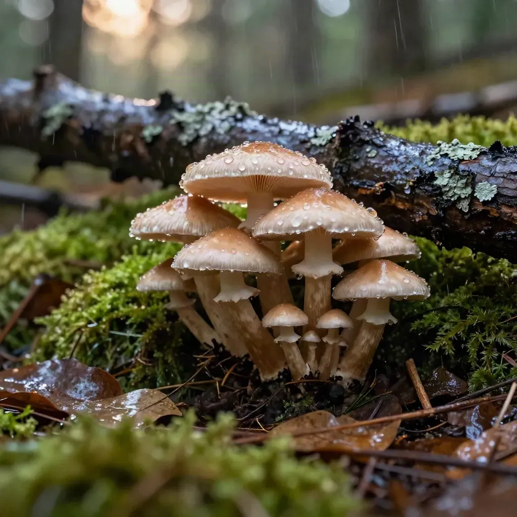 Natte bosrandpaddenstoelen met dauw op mos en een omgevallen tak na regen.