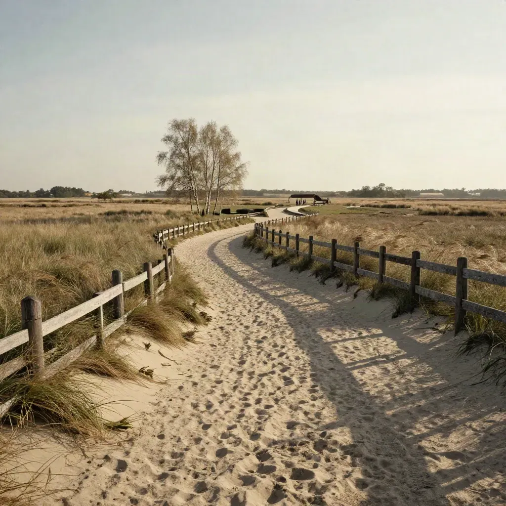 Zandpad in Brabant langs een houten hek en jonge berkjes onder een warme lucht