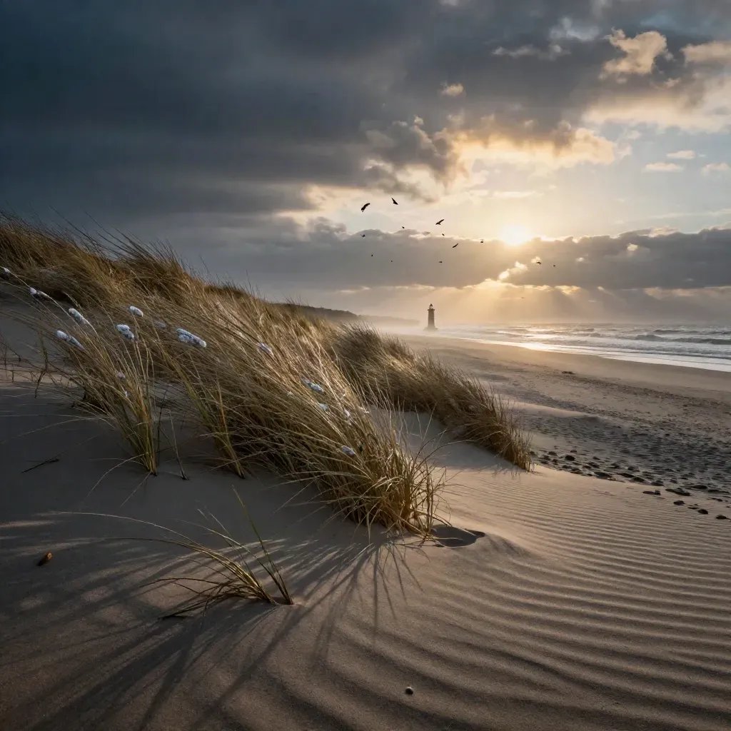 Duinrand op Texel bij zonsondergang met helmgras, vogels en vuurtoren in zachte nevel.