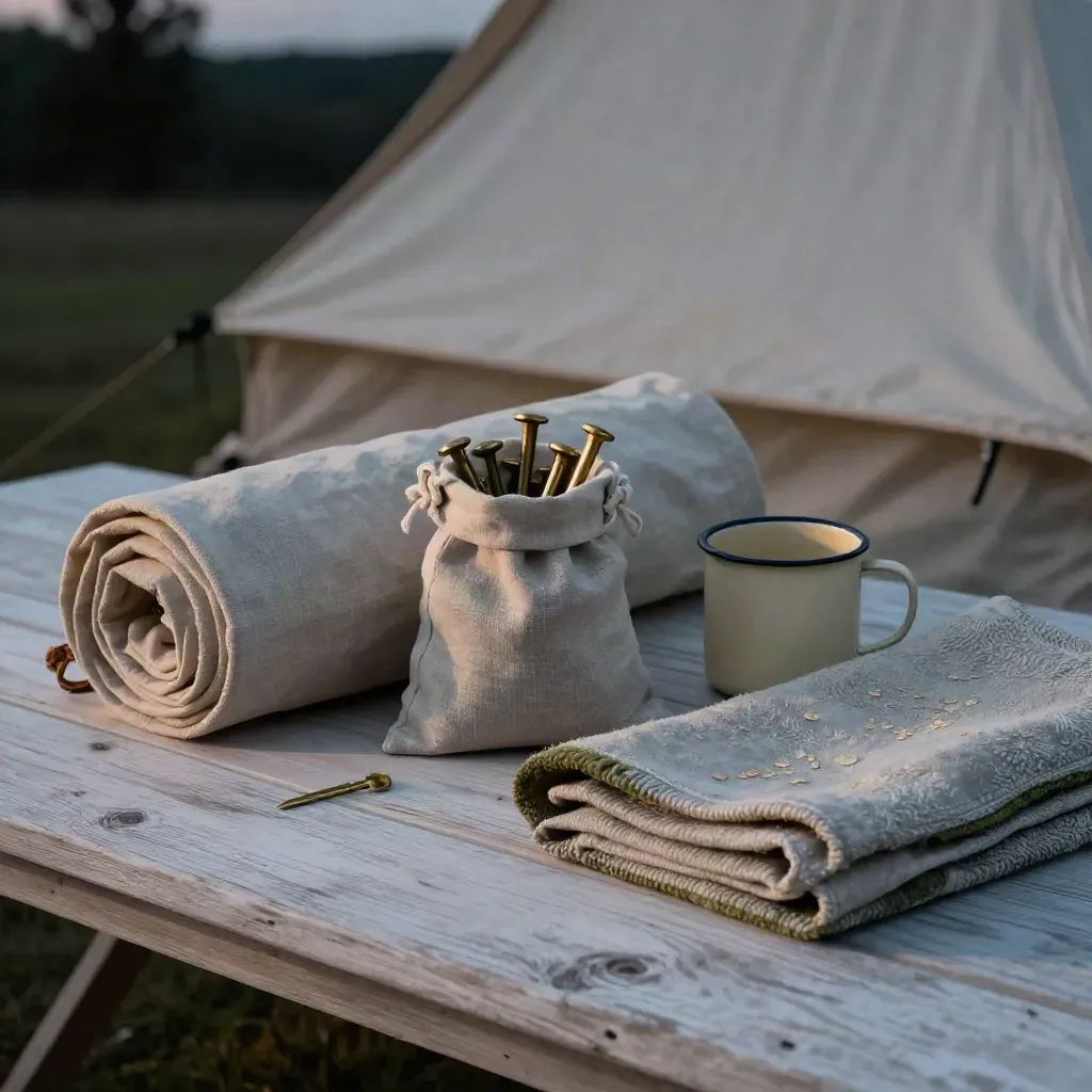 Kampeeruitrusting met tent, haringen, mok en deken op een lichte houten tafel.